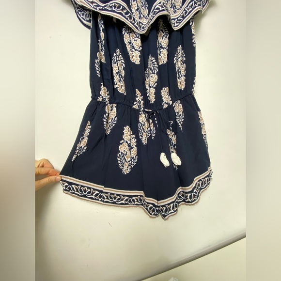 Navy Blue Off-Shoulder One Piece Shorts/Top with White Floral Pattern. Size S - Picture 3 of 6